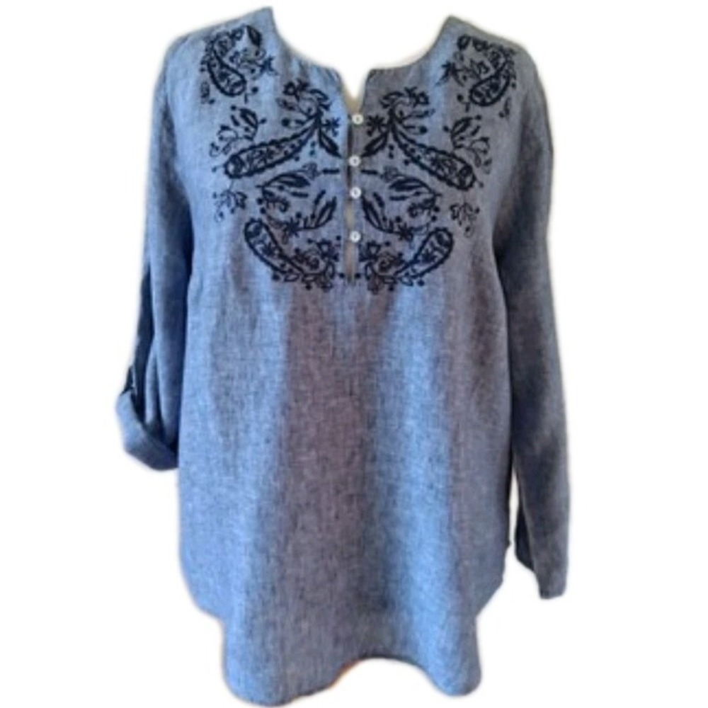Cynthia Rowley 100% Linen Blue Marl Roll Tab Sleeve Tunic Top Embroidery Sz 2XL